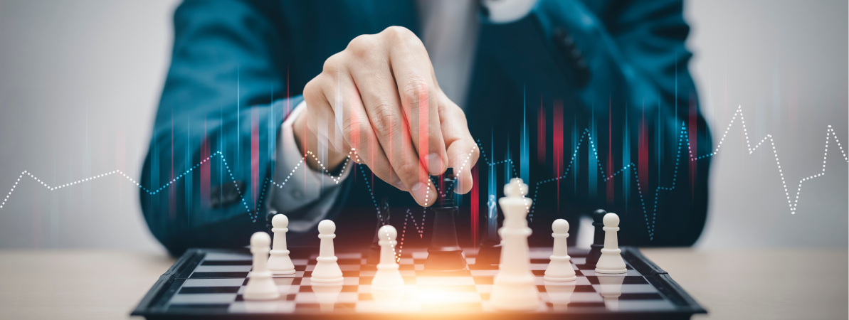 Strategic decision-making in CFD trading represented by a hand on a chessboard with financial charts overlay.