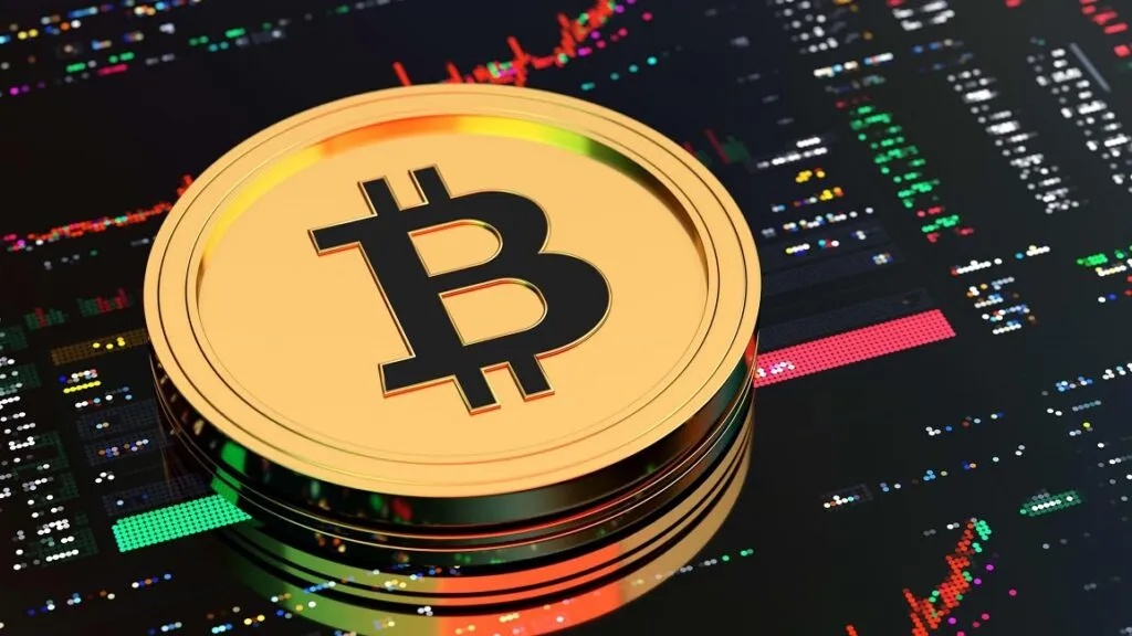 Golden Bitcoin coin on trading chart background representing crypto staking and cryptocurrency price movement.