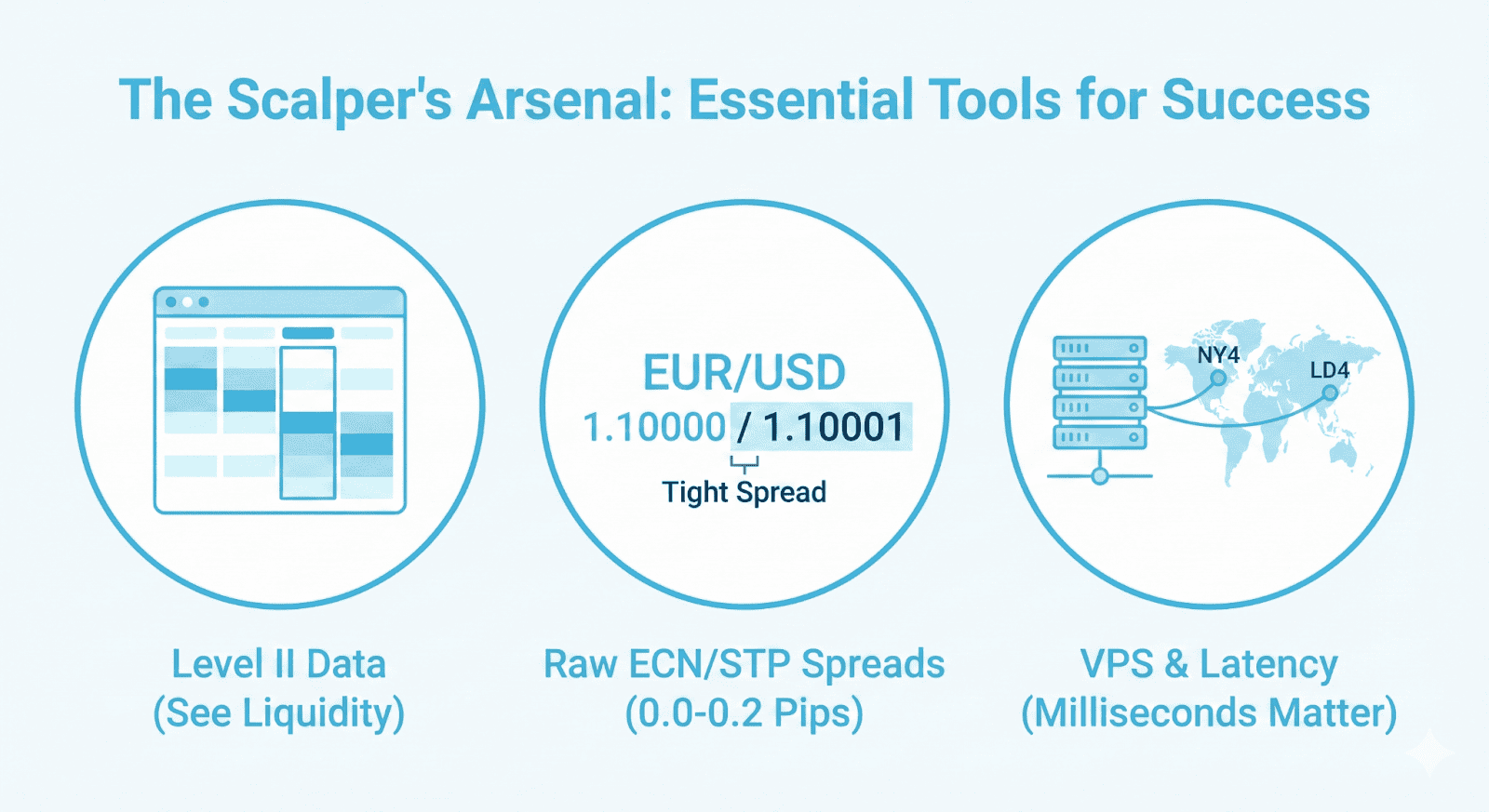 Three circles illustrating "The Scalper's Arsenal." First: Level II Data interface for viewing market liquidity. Second: A EUR/USD quote showing a tight 0.0-0.2 pip spread for ECN/STP execution. Third: A VPS server icon connecting to NY4/LD4 data centers, emphasizing low latency speed.