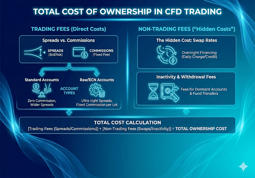 A detailed breakdown of total costs in CFD trading. The chart separates expenses into "Trading Fees" (spreads and commissions) and "Non-Trading Fees" (hidden costs like swap rates, overnight financing, and inactivity fees).