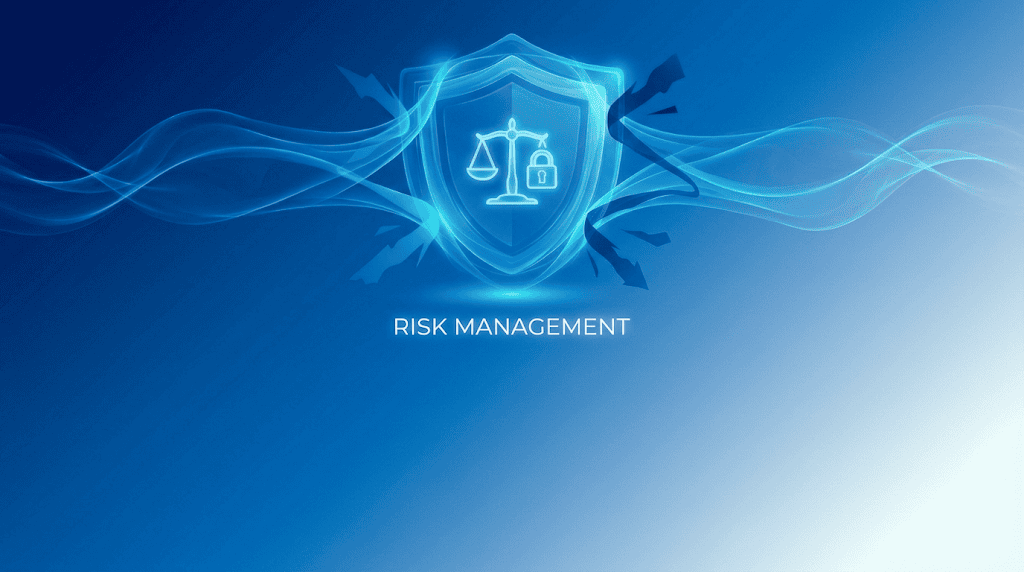 A stylized digital illustration of a glowing blue shield containing a balance scale and padlock icon, symbolizing the importance of risk management and capital protection in trading.