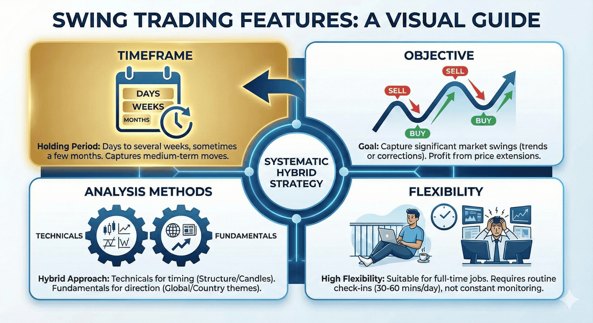 TMGM visual guide depicting key Swing Trading Features. It highlights four aspects: Timeframe (holding for days to weeks), Objective (capturing market swings), Analysis Methods (a systematic hybrid strategy of technicals and fundamentals), and Flexibility (suitable for full-time jobs with routine check-ins).
